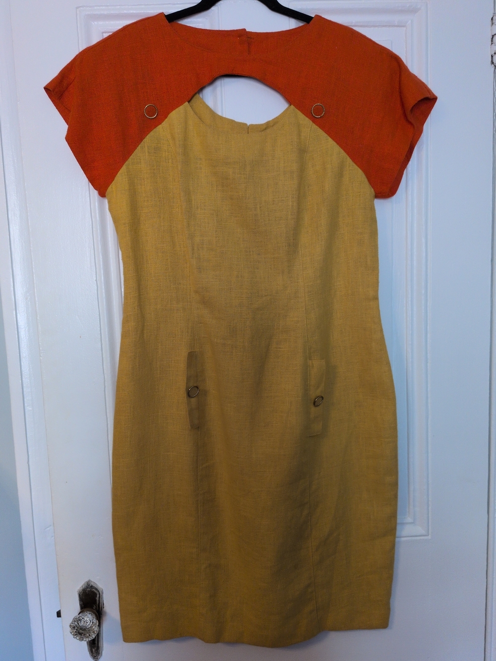 Vintage Two-Tone Yellow Orange Midi Shift Dress with Button Detail, Keyhole Back